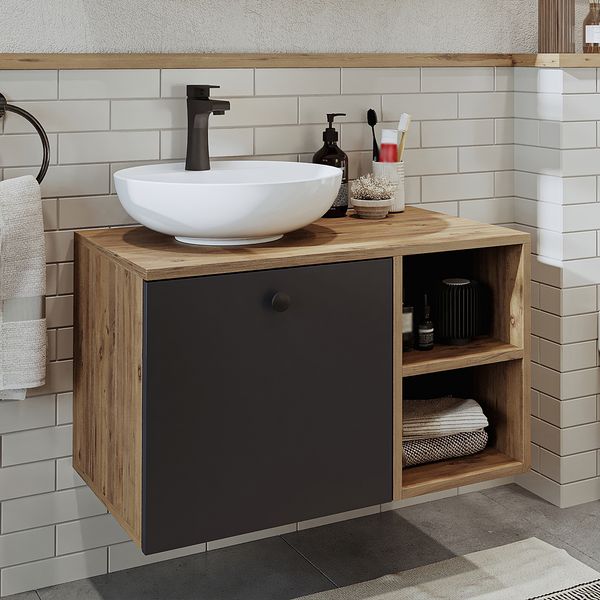 Roomart LOTUS-I-75 Badmöbel Set– 2-teiliges Badezimmermöbel Set - Waschbecken mit Unterschrank - H 45 x B 45 x T 75 cm • Anthrazit-Eiche