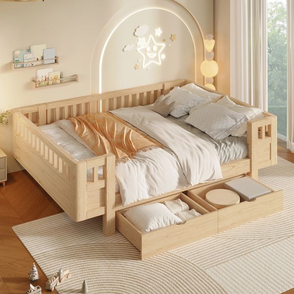 Merax Hochbett 140x200 Kinderbett, mit hohem Schutzgitter & zwei großen Schubladen, Holzfarbe