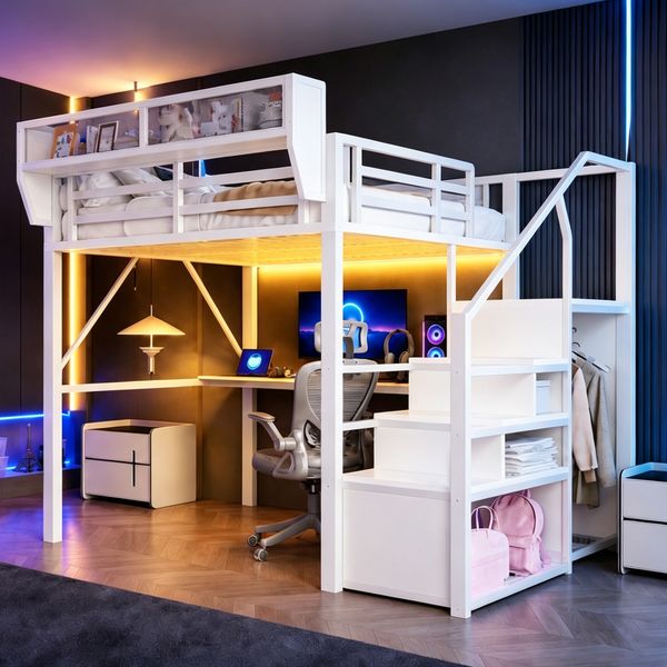 Merax Hochbett (140 x 200 cm), Kinderbett, Metallbett mit LED-Lichtleiste, langem Schreibtisch, Sicherheitsleiter und flexiblem Stauraum, Weiß