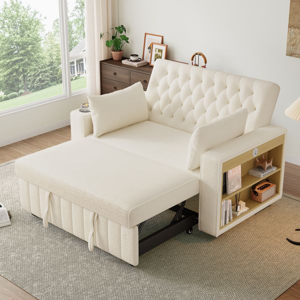 Schlafsofa 140x137x84 cm in Beige mit Chenille, 3-fach verstellbarer Rückenlehne, USB-Anschlüssen und Stauraum-Details