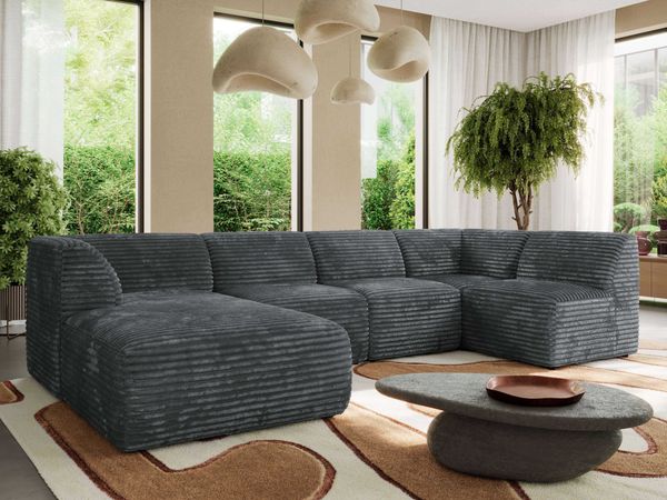 Modulares XXL-Ecksofa MODARO 5M, U-Form, Wohnlandschaft, 5-teilig, freistehend, Wohnzimmer Couch, HR-Schaumstoff - Grau Cord - Links