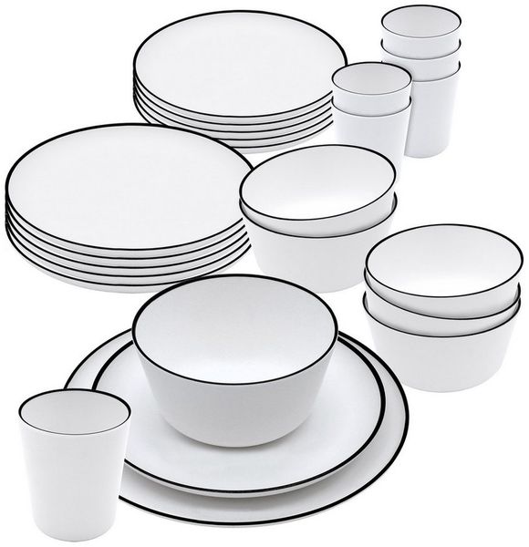 Spetebo Geschirr-Set Melamin Camping Geschirr weiß mit schwarzem Rand - diverse Sets (24-tlg), 4 Personen, Melamin, Picknick Outdoor Tafel Service