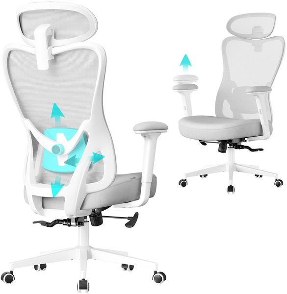 SONGMICS Bürostuhl ergonomisch, Schreibtischstuhl, Computerstuhl, verstellbare Lenden- und Kopfstütze, bis 150 kg belastbar, höhenverstellbar, taubengrau