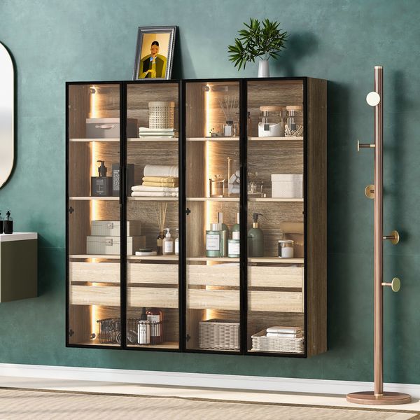 Badezimmerschrank-Set aus MDF mit LED-Beleuchtung & Milchglastüren, natur, 2er-Set