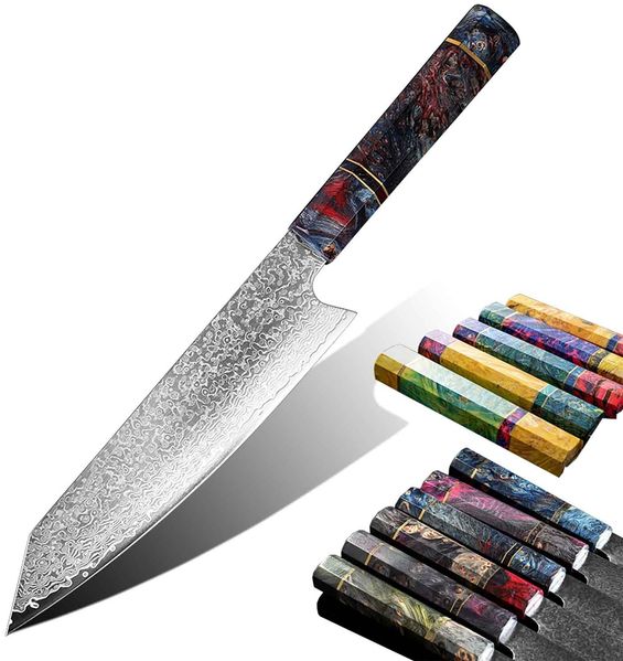 Damastmesser, das Küchenmesser und Universalmesser unikater Holzgriff Santokumesser mega scharf