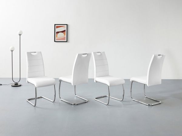 4er Set Schwingstuhl Flora - Kunstleder Weiß - verchromtes Metallgestell