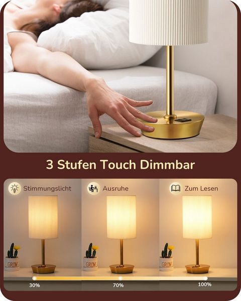 EDISHINE LED Nachttischlampe Touch Dimmbar, 2er-Set Tischleuchten mit USB, LED wechselbar, warmweiß, kleine Tischlampe mit Ladefunktion