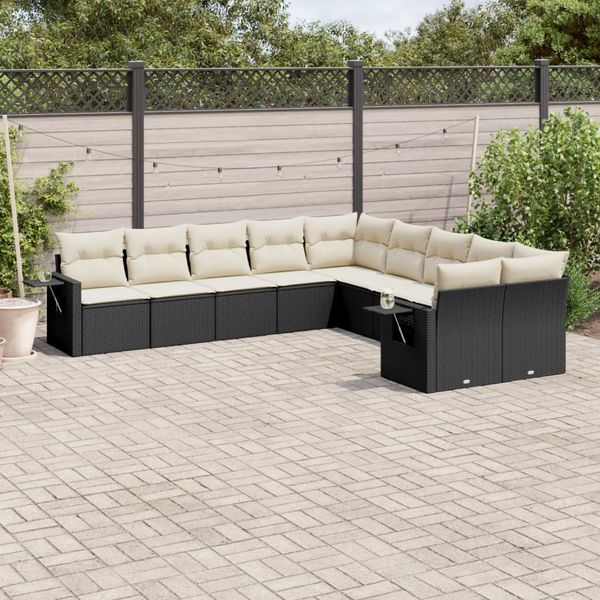 vidaXL 10-tlg. Garten-Sofagarnitur mit Kissen Schwarz Poly Rattan 3220705