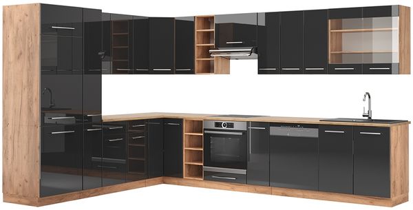 Eckküche Fame-Line Anthrazit Hochglanz/Goldkraft Eiche 347 x 60 cm , AP Eiche Vicco