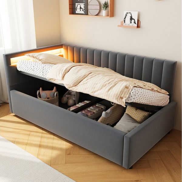 KLAM HOME Schlafsofa Polsterbett, 90x200cm, mit LED-Beleuchtung und hydraulischem Stauraum, klassisches vertikales Streifendesign, mit Lattenrost, Samtstoff, Beige, ideal für Wohn- und Schlafzimmer gleichermaßen
