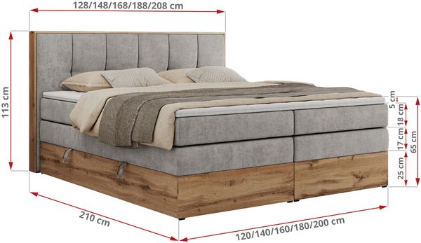 Boxspringbett, Doppelbett mit zwei 7 Härtezonen Multipocket-Matratzen, Bettkästen, Eiche Wotan Holzrahmen, Polsterbett mit Topper-Matratze - ALBERO 1 KING - 160 x 200 cm - Hellgrau Stoff - H4 Bild 6