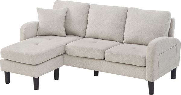 Ecksofa H 77 x T 118 x B 166 cm – modulares L‑Sofa, Baumwoll‑Leinenbezug, Beige/Grau/Weiß, 3‑Sitzer mit Chaiselongue