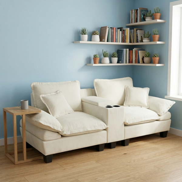 Sofa aus Chenille mit USB-Ladeanschlüssen & Stauraum, beige