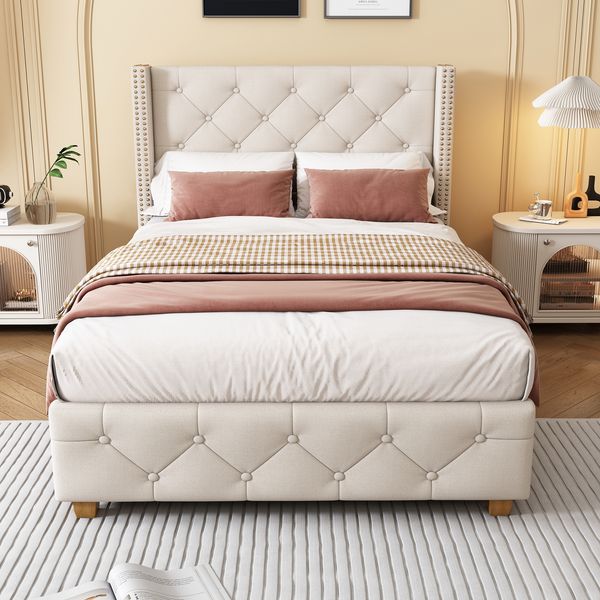Polsterbett 90x200 cm, gepolstert mit Leinenbezug, Knopf-Tufting und Nietenverzierung,Beige