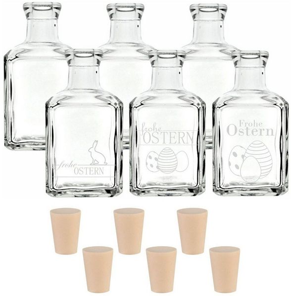 gouveo Trinkflasche 6 Glasflaschen 250 ml Cube mit Gravur Frohe Ostern und Korken (PEK), Oster-Motiv Mix