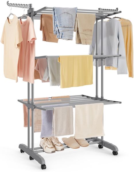 SONGMICS Wäscheständer, Standtrockner 4 Ebenen, Flügelwäscheständer, klappbare Flügel, mit Rollen, 63,5 x 125,5 x 173 cm, groß, einfacher Aufbau, Taubengrau LLR703G01