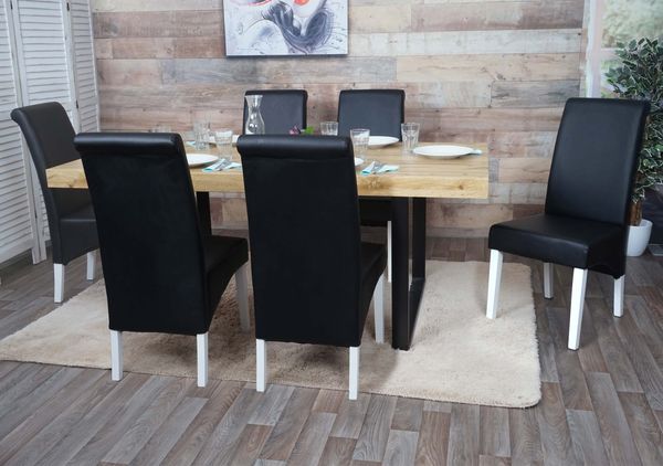 6er-Set Esszimmerstuhl Küchenstuhl Stuhl M37 ~ Leder, schwarz, weiße Füße