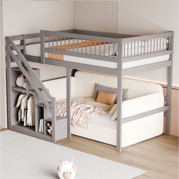 Flieks Hochbett Massivholz Doppelbett Kinderbett 140x200cm mit Stauraumtreppe