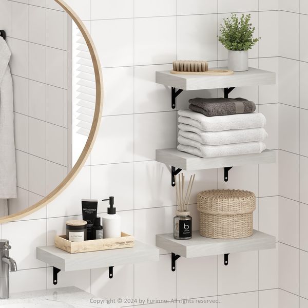 Furinno Tanna Schwebende Wandregale Set mit 4 Stück, 38,1 cm Badezimmer-Wandregal, Wandmontiertes Regal, für Badezimmer-Organizer und Aufbewahrung, Wohnzimmer, Weiß Struktur