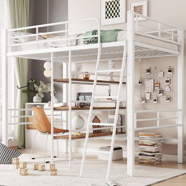 Hochbett 90×200 cm aus Metall mit Schreibtisch und Regalen, weiß