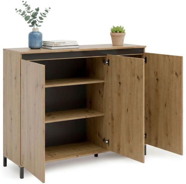 Dmora - Kommode Bloemfontein, Wohnzimmerbuffet, Wohnzimmer-Sideboard, Moderne Küchen-Speisekammer, Made in Italy, 138x110h40 cm, Glänzendes Weiß und Anthrazit
