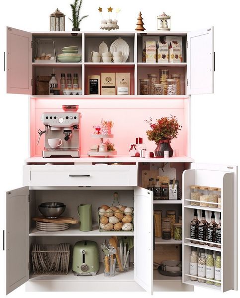 OKWISH Hochschrank Küchenbuffet,Kommode,Sideboard (Seitenschrank – Landhausstil mit LED-Leiste und Steckdose, Weiß, 1-St, 110x38x180 cm)