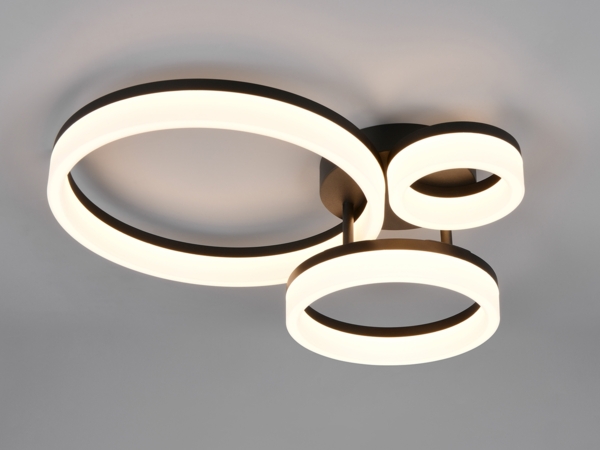 Große Deckenleuchte SCOPE Schwarz mit drei LED Ringen in Weiß, Breite 51cm
