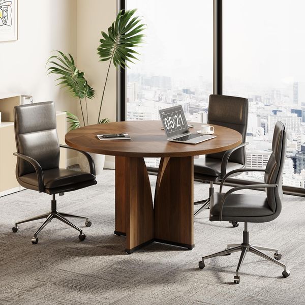 LITTLE TREE Kleiner Konferenztisch (99 cm) für 4 Personen, runder Besprechungstisch mit X-förmigem Fußgestell, für Büro, Konferenzraum, kleine Räume, Dunkelbraun