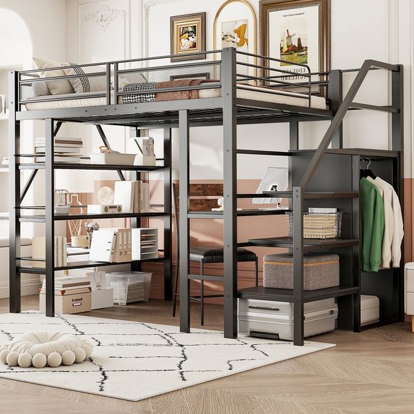 Hochbett 140*200cm, dreilagiges Ablageregal, Schreibtisch, Kleiderschrank, Sicherheitsstufen mit Ablagefach, hohes Zaundesign, Eisenbett, Einzelbett, Schwarz