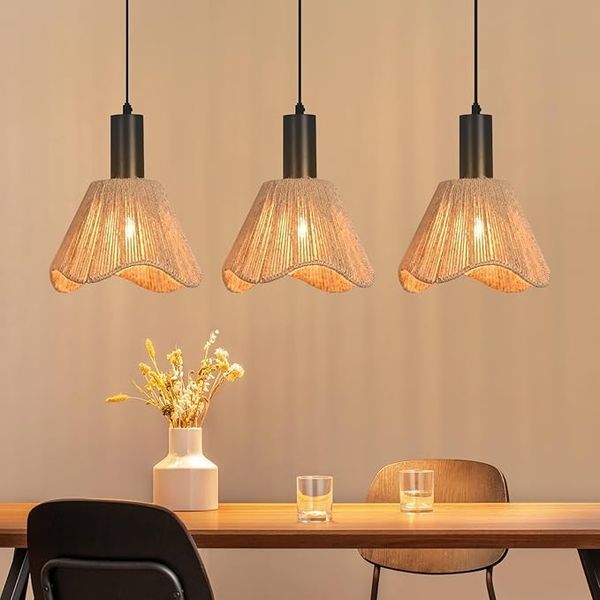ZMH Hängelampe Boho Rattan 3 Flammig Vintage Geflochten Hanfseil E27 Ohne Leuchtmittel Für Esszimmer Schlafzimmer