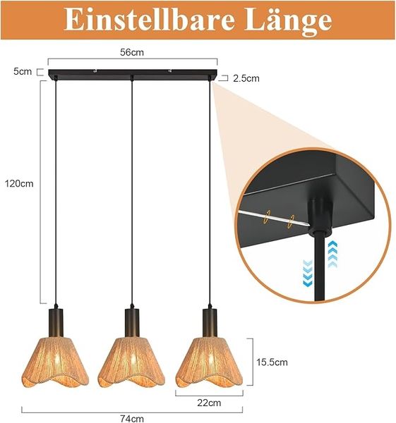 ZMH Hängelampe Boho Rattan 3 Flammig Vintage Geflochten Hanfseil E27 Ohne Leuchtmittel Für Esszimmer Schlafzimmer Bild 3