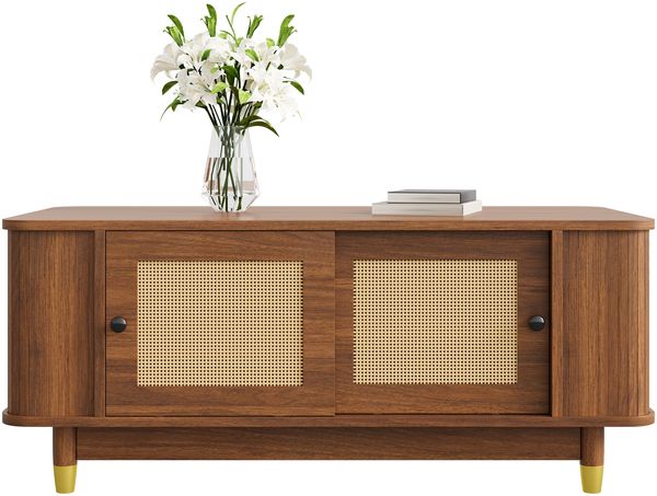 Couchtisch mit Rattan-Schiebetüren, abgerundete Ecken, Stauraum, MDF, Holzoptik, Wohnzimmertisch, Modernes Design