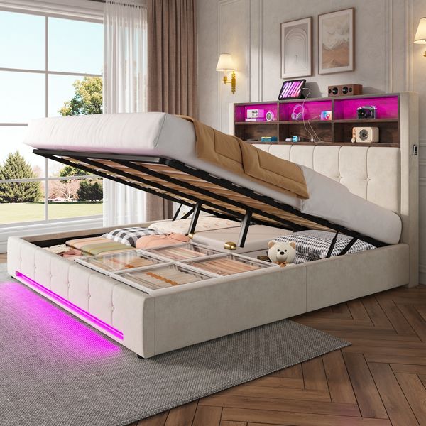 180×200 cm Samtbett mit multifunktionalem Kopfteil: 6 Fächer, Seitentaschen, USB-C, LED, Hydraulikfunktion und großer, staubgeschützter Stauraum unter dem Bett – praktische Wahl fürs SchlafZimmer