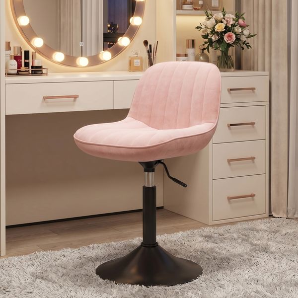 Devoko Höhenverstellbarer Schminkstuhl Rosa, 360° Drehstuhl mit Rückenlehne, Samtoptik Barhocker für Esszimmer, Wohnzimmer und Salon