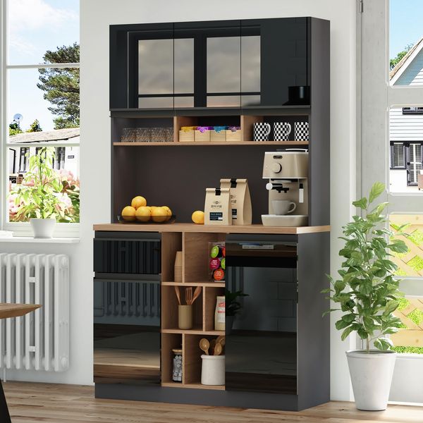 Ball & Cast Küchenschrank, Buffetschrank mit verstellbaren Einlegeböden, Metallgriffen und Offenem Stauraum, 105 x 45 x 185 cm, Schwarz