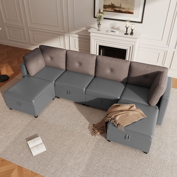 Modulares Sofa aus Samt & Cord 261x132,5 cm mit Stauraum, antikgrau