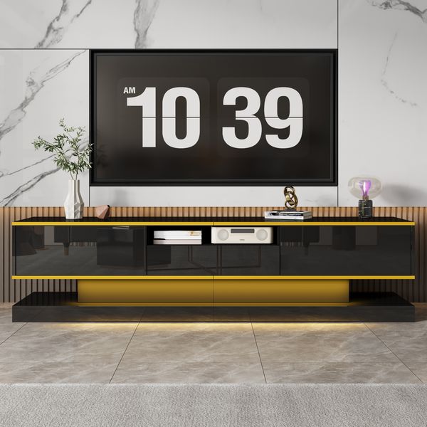 TV-Schrank Lowboard 180x38x45 cm, schwarz Hochglanz mit LED-Beleuchtung & 3 Schubladen