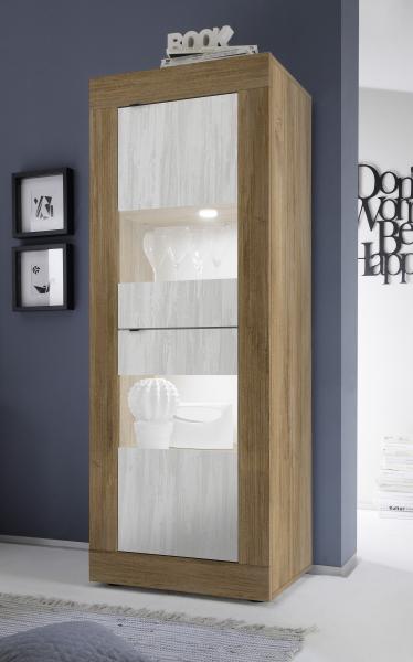 Vitrine >Belinda< in Mercure Holzstruktur / Weiss - 61x162x43cm (BxHxT)