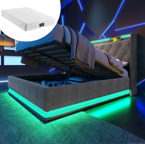 Polsterbett 140x200 cm aus Leinen mit Stauraum und 360° LED-Beleuchtung