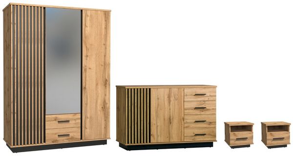 Deine Möbel 24 Schlafzimmer-Set LAMI F inkl. Kleiderschrank, Kommode & 2 Nachttische, (Still: Scandi, Industrial, 4-tlg, Viel Stauraum für Kleidung, Deko, Bettwäsche oder Alltagsgegenstände), Modernes Design in Wotan Eiche mit Schwarz Matt & Lamellenoptik