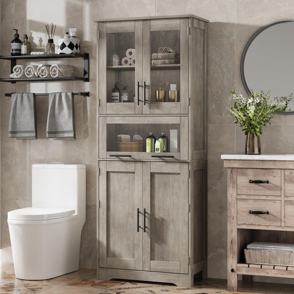 GarveeLife Badezimmerschrank Badschrank Hochschrank für Badezimmer Arbeitszimmer, Mehrzweckschrank Küchenschrank mit 4 Türen und 1 Schubladen Holz 67 x 30 x 170 cm, Grau