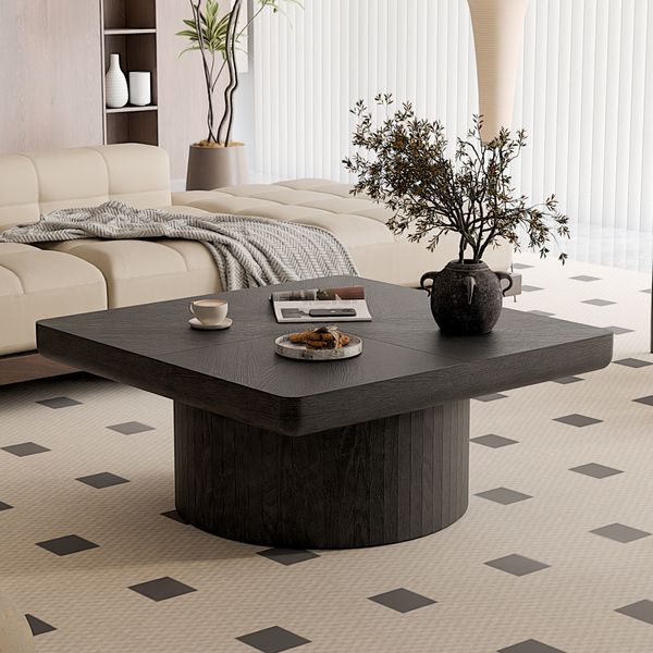 Couchtisch 38x78x78 cm, schwarz, mit quadratischer Tischplatte in Parquet-Optik und zylindrischem Sockel