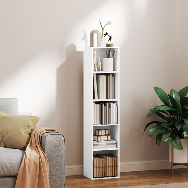 Bücherregal Standregal Weiß mit 5 offenen Fächern, verstellbaren Einlegeböden, schmales Aufbewahrungsregal für Wohn- & Arbeitszimmer