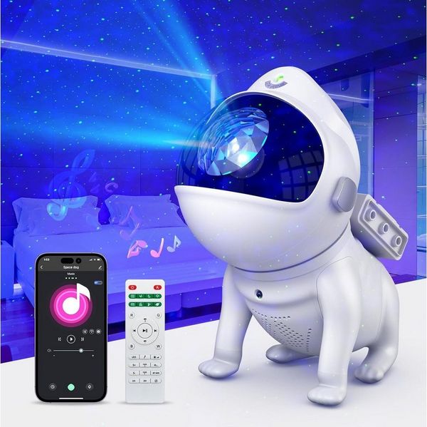 Qualra LED Nachtlicht Hund Galaxie Projektor Bluetooth Musiklautsprecher 21 Farbmodi Kinder, 8 Weißes Rauschen Fernbedienung App-Steuerung