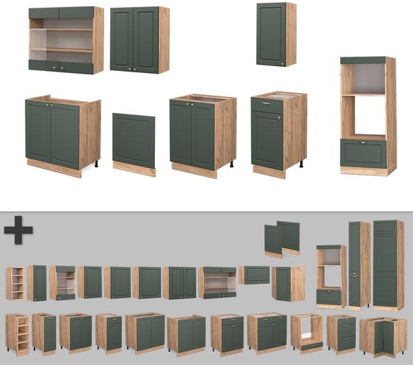 Küchenzeile Fame-Line Grün-Gold Landhaus/Goldkraft Eiche 300 cm mit Hochschrank, ohne Arbeitsplatte Vicco Bild 6