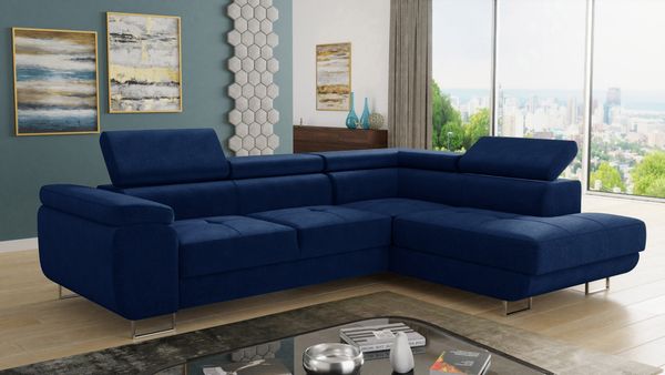 Ecksofa Caris mit Schlaffunktion, Bettkasten und einstellbare Kopfstützen (Dunkelblau (Kronos 09), Ecksofa Rechts)