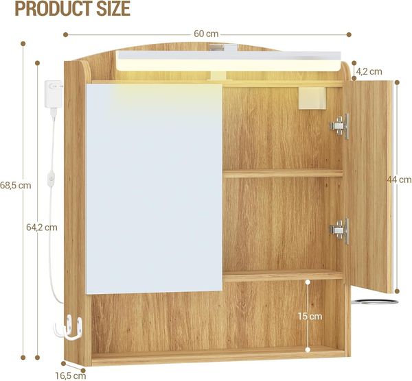 Spiegelschrank mit Beleuchtung, mit Spiegel, Haartrockner-Halter und Haken, mit Stecker, Verstellbarer Etagen, Holz/Metall Helle Eiche, 16,5 x 60 x 68,5 cm Bild 9