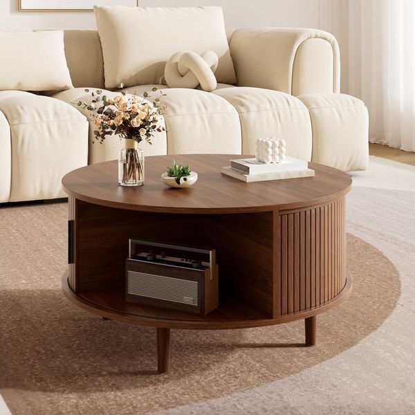 BlingBin Couchtisch Rund 80x80 cm, höhenverstellbarer Wohnzimmertisch mit Stauraum (Beistelltisch Wohnzimmer, 1-St, 80 x 80 x 59 cm), Sofatisch mit Stauraum,Lift-Top Tischplatte,Schiebetür & Lamellenoptik