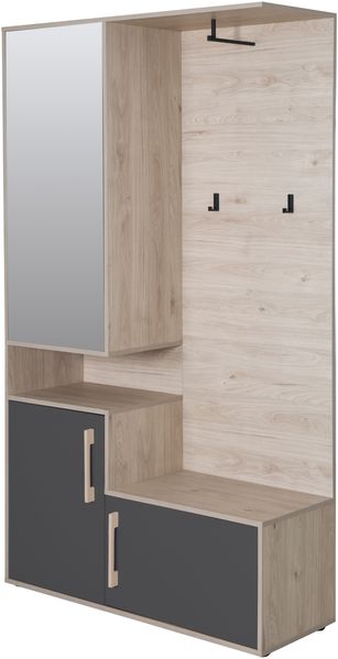 Kompaktgarderobe Entry" mit Spiegeltür, Sitzbank, Stauraum und Kleiderhaken, Basalt Grau mit Artisan Eiche"