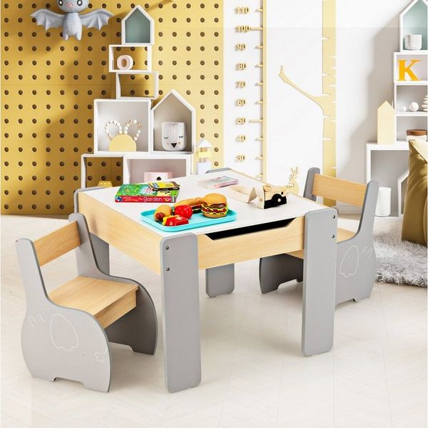 COSTWAY Kindersitzgruppe 3tlg. Kindertisch, aus Holz, mit 2 Stühlen